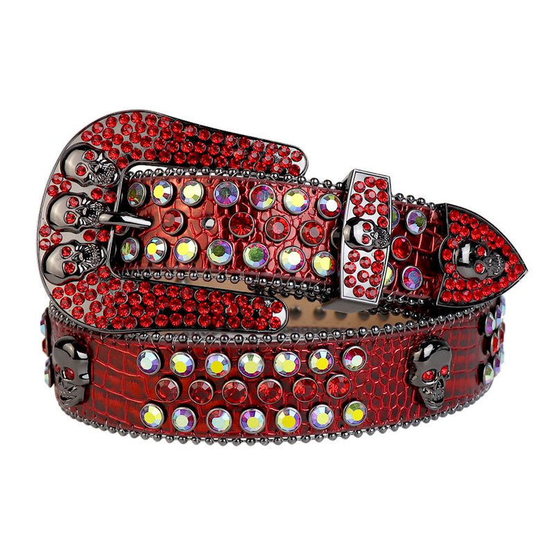 Western Cowboy Mens Rhinestones Alligator Leather Belts All Red w 7 Skulls Multi & Red Stones