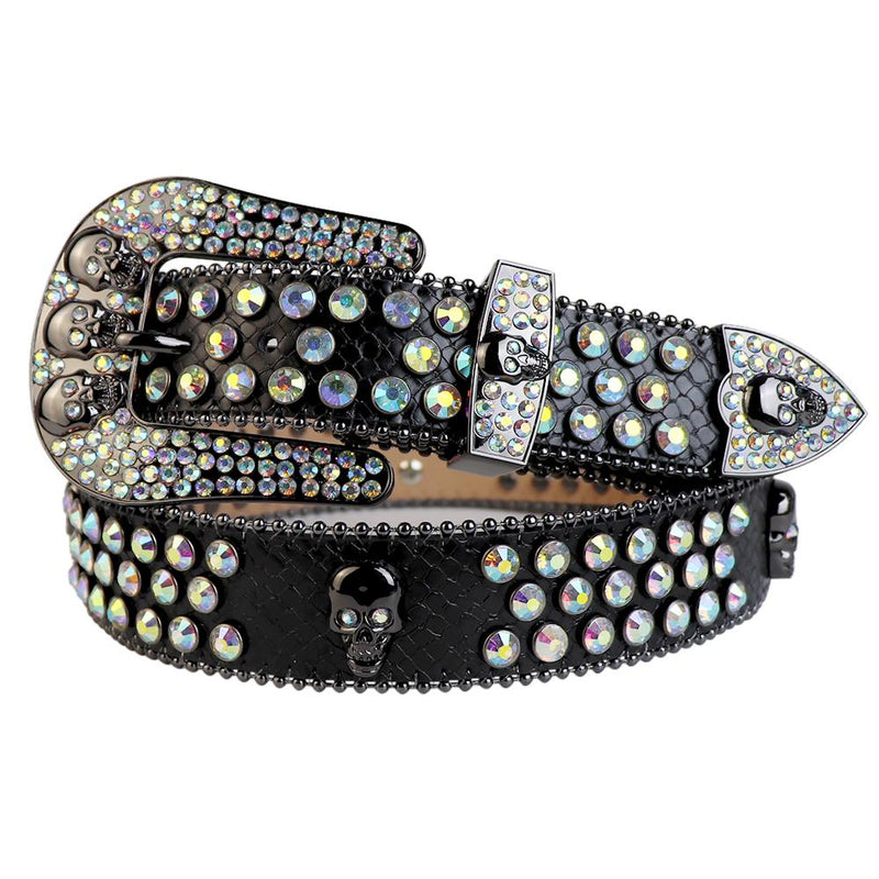 Western Cowboy Mens Rhinestones Alligator Leather Belts All Black stones w 7 Skulls White Multi Stones