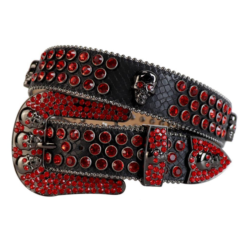 Western Cowboy Mens Rhinestones Alligator Leather Belts All Black w 7 Skulls/Red Stones