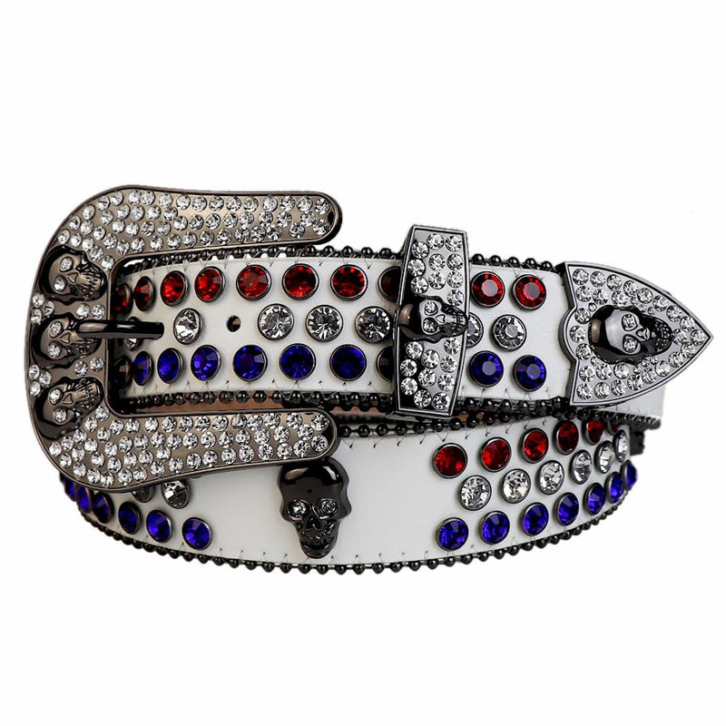 Western Cowboy Mens Rhinestones Alligator Leather Belts All White w 7 Skulls Red White Blue Stones