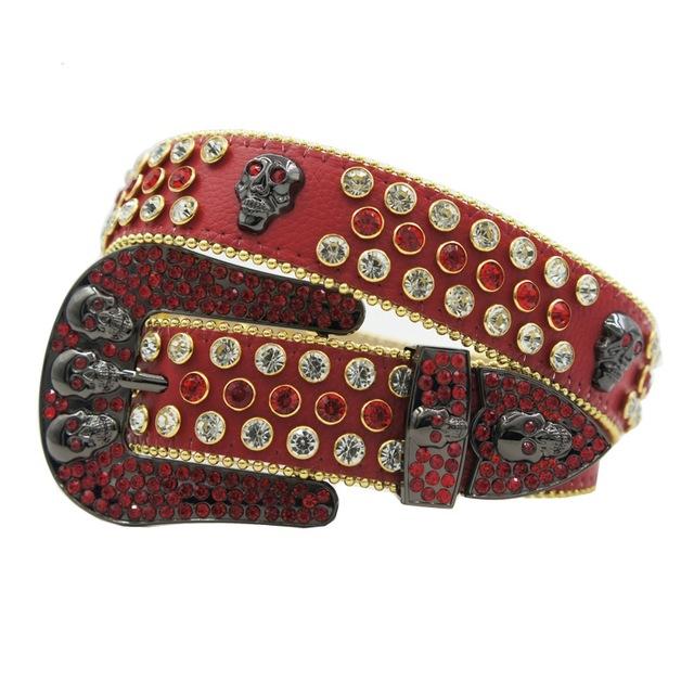 Western Cowboy Mens Rhinestones Alligator Leather Belts All Red w 7 Skulls/White n Red Stones