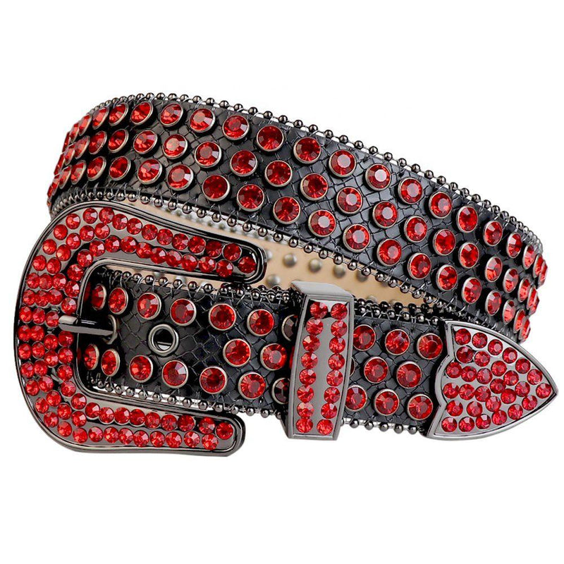 Western Cowboy Mens Rhinestones Alligator Leather Belts All Black w Red Stones