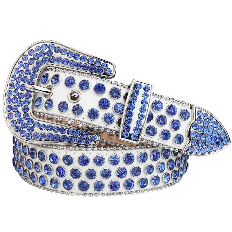 Western Cowboy Mens Rhinestones Alligator Leather Belts All White w Blue Stones