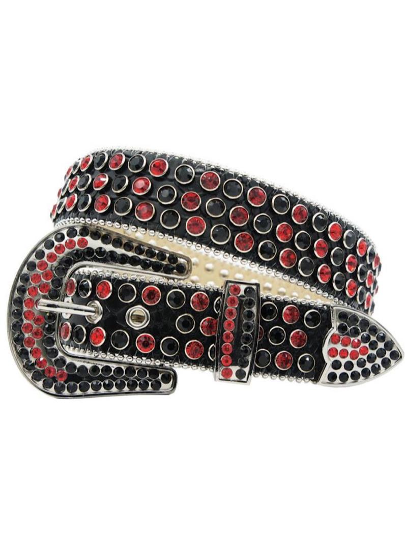 Western Cowboy Mens Rhinestones Alligator Leather Belts Black-Red and Black Stone