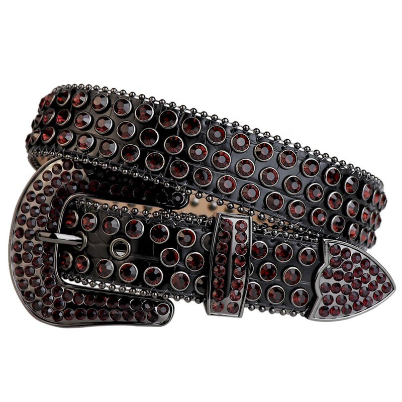 Western Cowboy Mens Rhinestones Alligator Leather Belts All Black with Maroon Stones