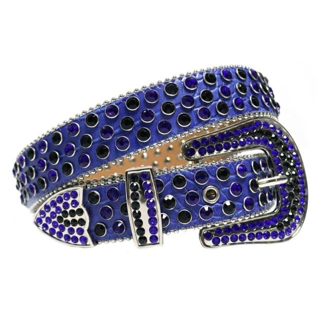 Western Cowboy Mens Rhinestones Alligator Leather Belts Blue with Black