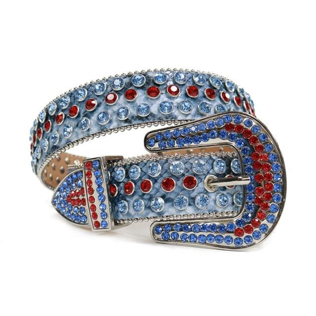 Western Cowboy Mens Rhinestones Alligator Leather Belts Serpentine Blue with Red