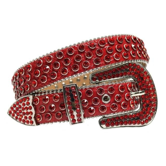 Western Cowboy Mens Rhinestones Alligator Leather Belts All Red