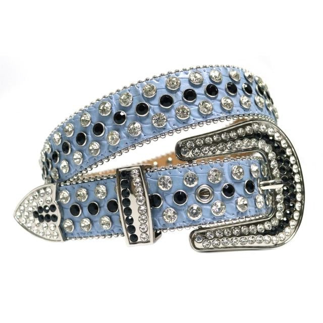 Western Cowboy Mens Rhinestones Alligator Leather Belts All light Blue with White and Black