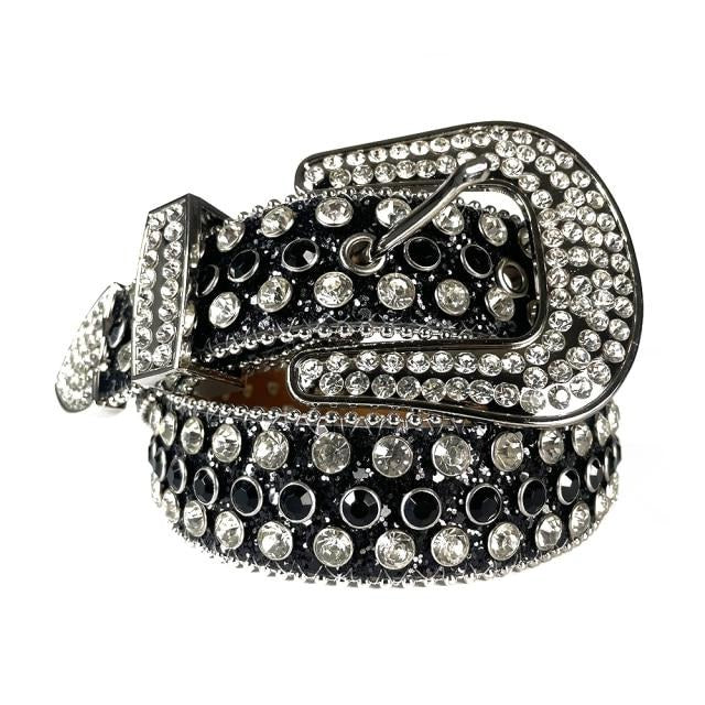 Western Cowboy Mens Rhinestones Alligator Leather Belts All Black with White Stones