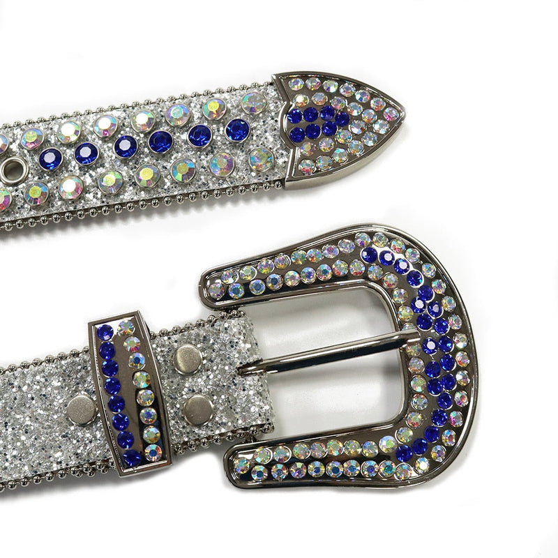 Western Cowboy Mens Rhinestones Alligator Leather Belts All White with Multi and Blue