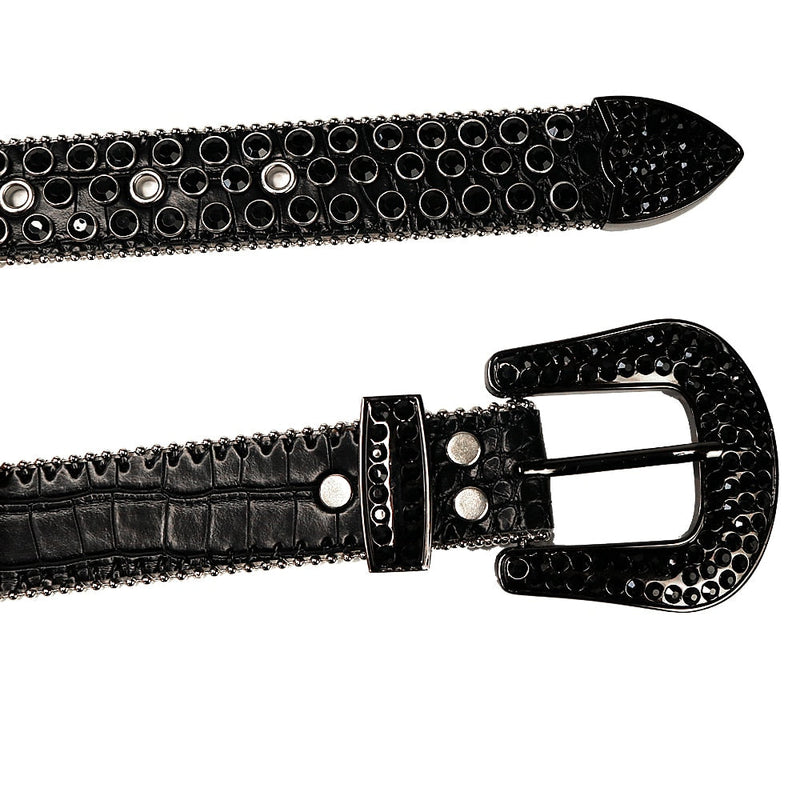 Western Cowboy Mens Rhinestones Alligator Leather Belts All Black Stone