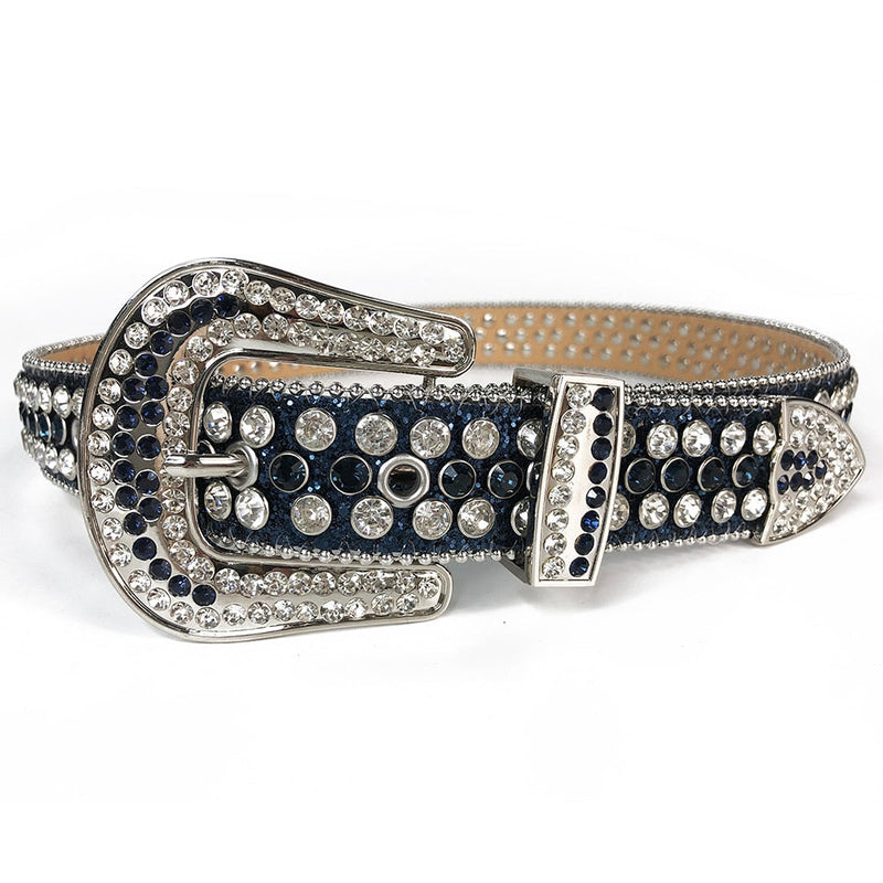 Western Cowboy Mens Rhinestones Alligator Leather Belts All Dark Blue with White Stones