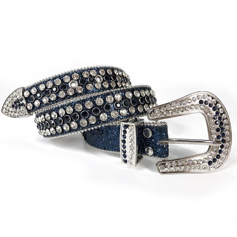 Western Cowboy Mens Rhinestones Alligator Leather Belts All Dark Blue with White Stones