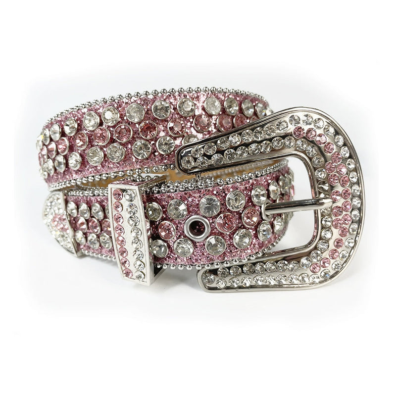 Western Cowboy Mens Rhinestones Alligator Leather Belts All Pink with White Stones