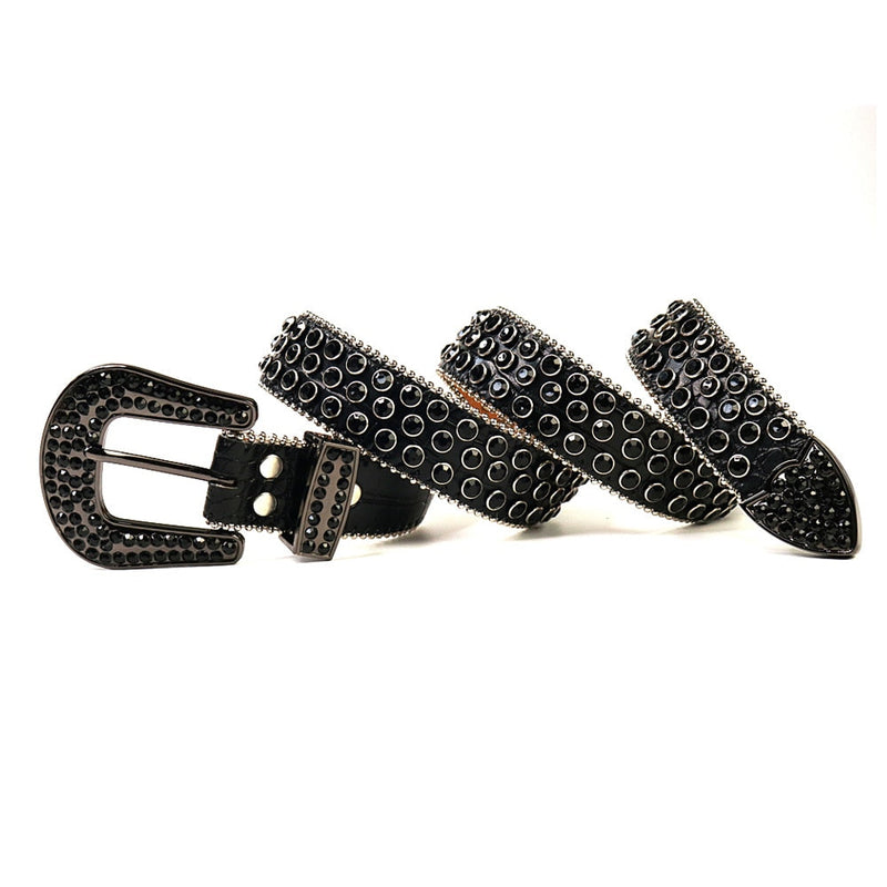 Western Cowboy Mens Rhinestones Alligator Leather Belts All Black Stone