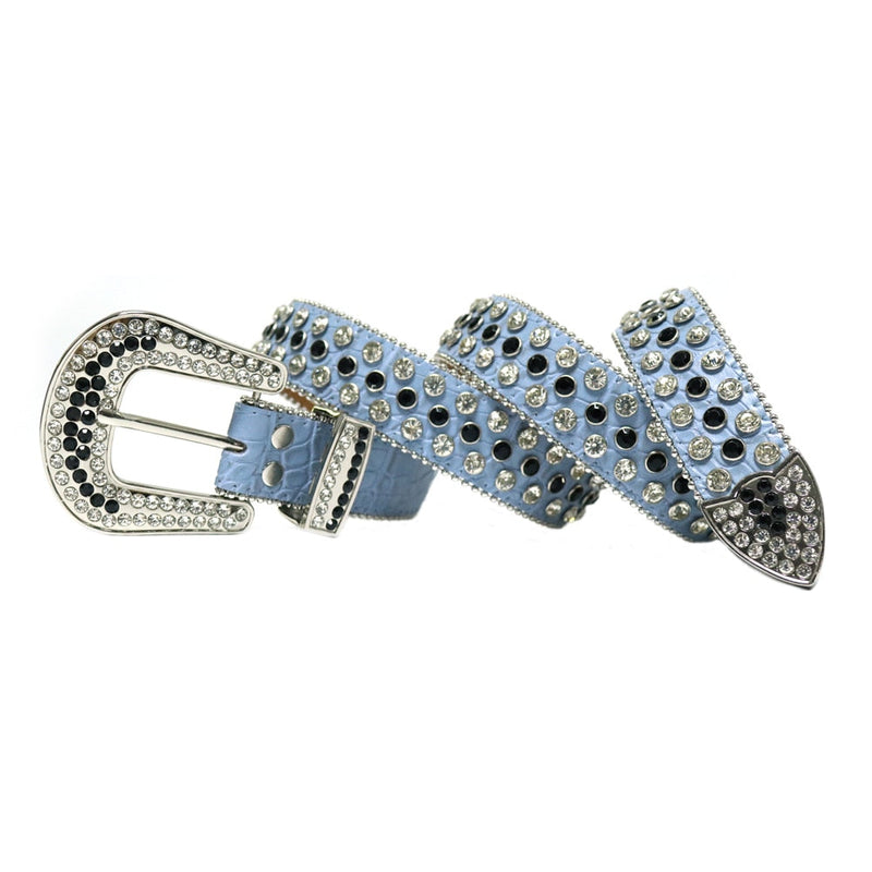 Western Cowboy Mens Rhinestones Alligator Leather Belts All light Blue with White and Black