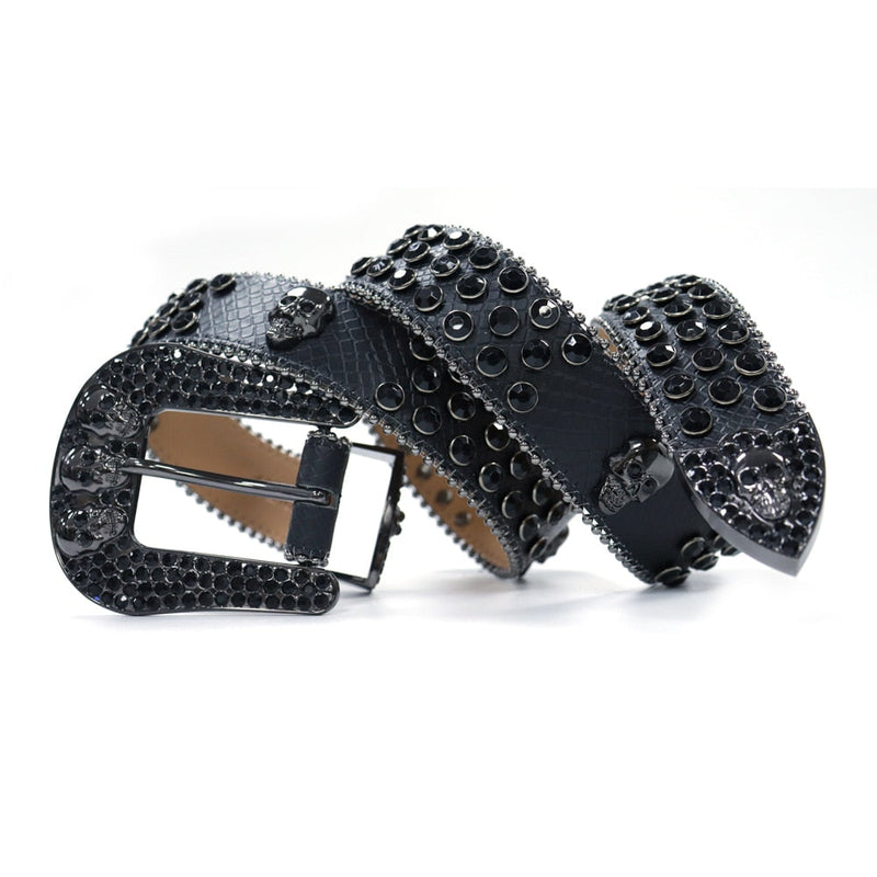 Western Cowboy Mens Rhinestones Alligator Leather Belts All Black w 7 Skulls/Black Stones