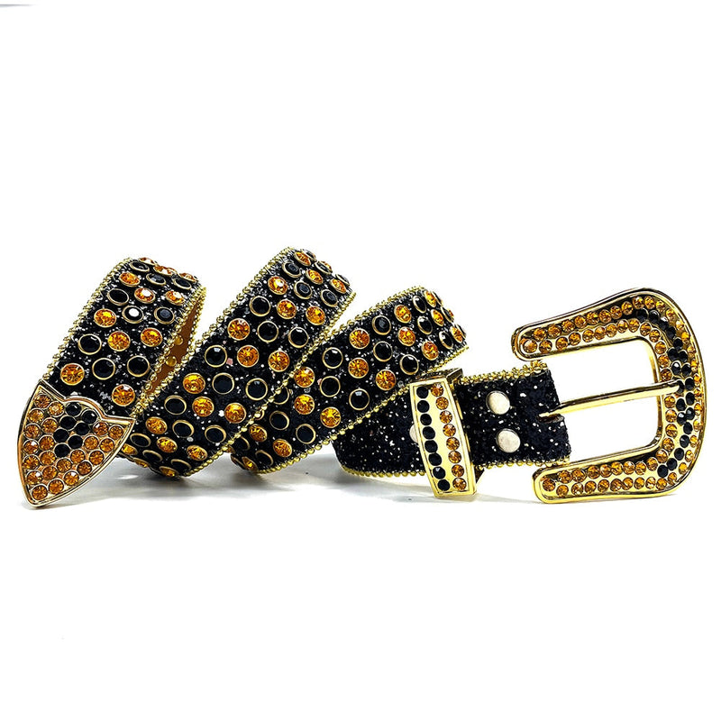 Western Cowboy Mens Rhinestones Alligator Leather Belts Black and Gold