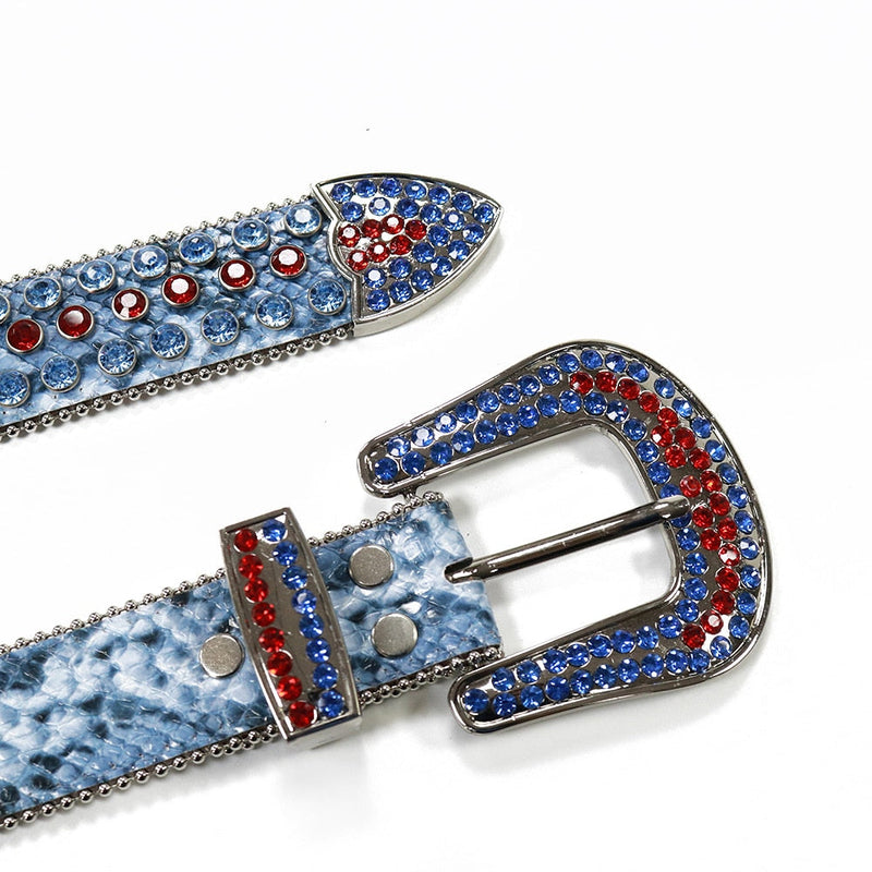 Western Cowboy Mens Rhinestones Alligator Leather Belts Serpentine Blue with Red