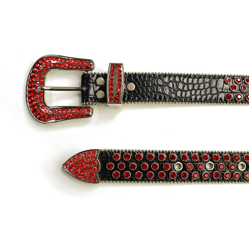 Western Cowboy Mens Rhinestones Alligator Leather Belts Black w All Red Stones