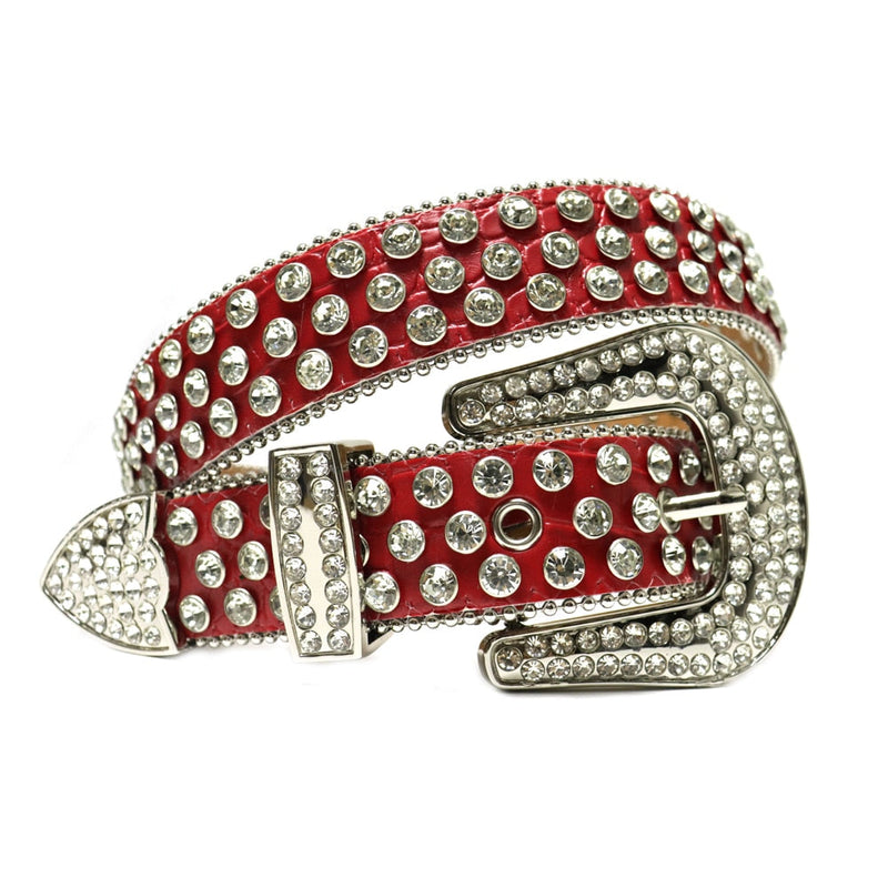 Western Cowboy Mens Rhinestones Alligator Leather Belts Red/All Big White Stones