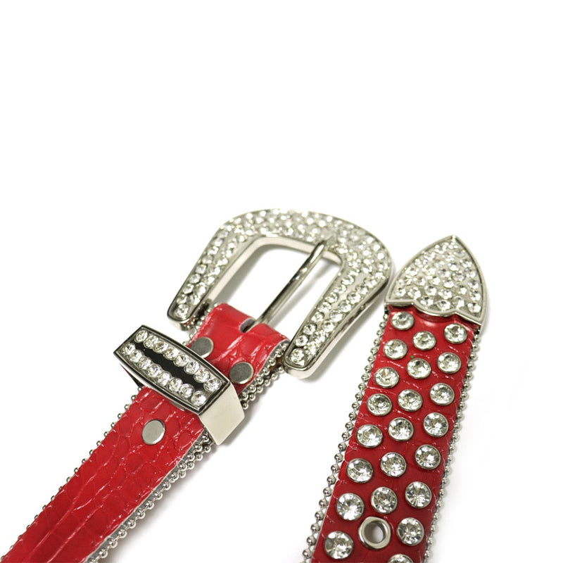 Western Cowboy Mens Rhinestones Alligator Leather Belts Red/All Big White Stones