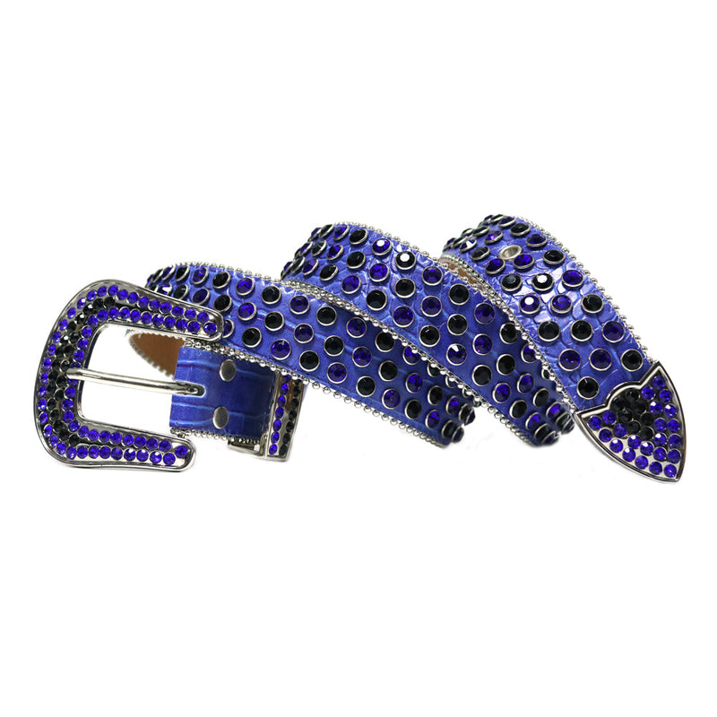 Western Cowboy Mens Rhinestones Alligator Leather Belts Blue with Black