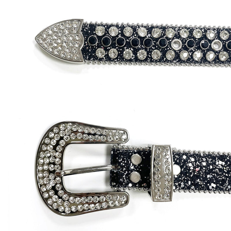 Western Cowboy Mens Rhinestones Alligator Leather Belts All Black with White Stones