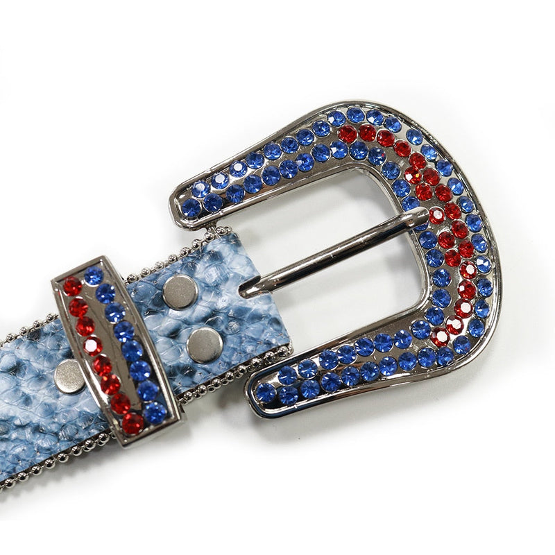 Western Cowboy Mens Rhinestones Alligator Leather Belts Serpentine Blue with Red