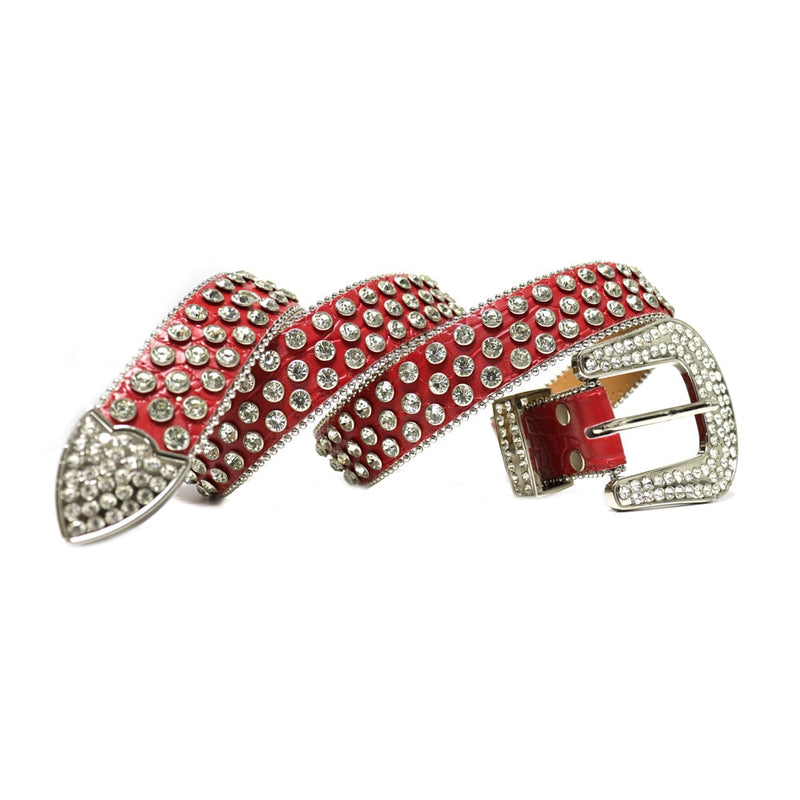 Western Cowboy Mens Rhinestones Alligator Leather Belts Red/All Big White Stones