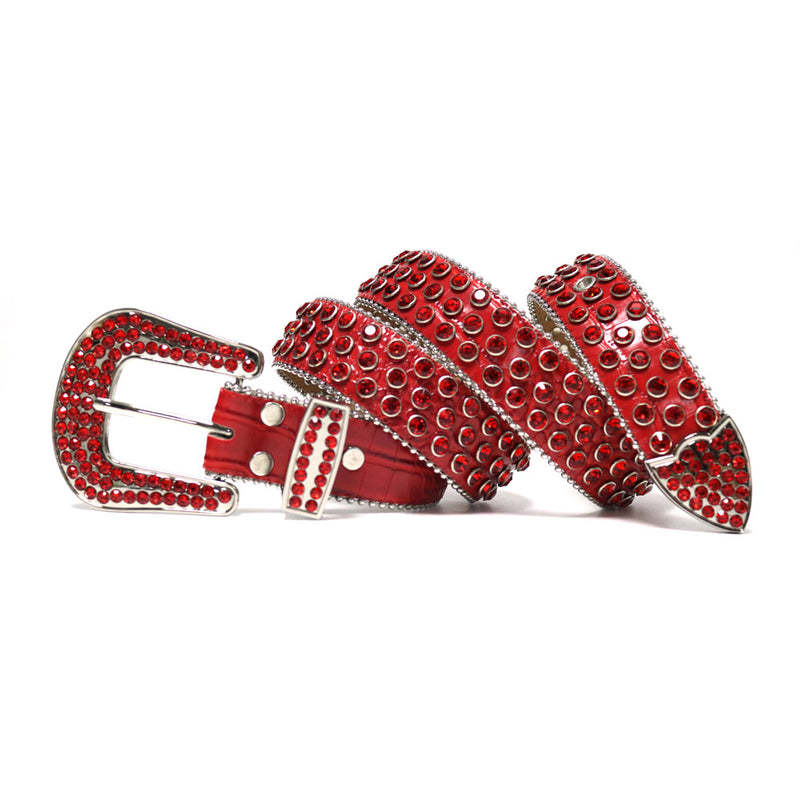 Western Cowboy Mens Rhinestones Alligator Leather Belts All Red