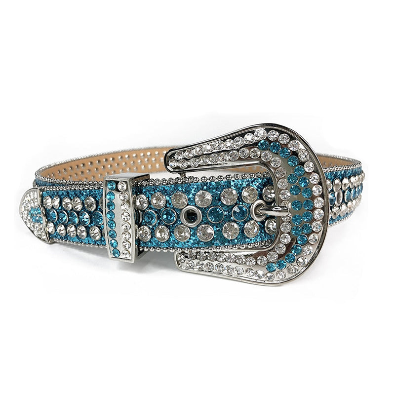 Western Cowboy Mens Rhinestones Alligator Leather Belts Aqua Blue/White Stone