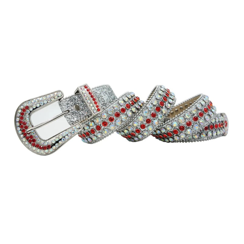 Western Cowboy Mens Rhinestones Alligator Leather Belts All White w Red Stones