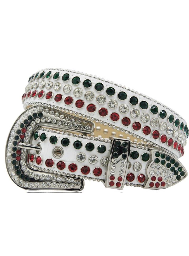 Western Cowboy Mens Rhinestones Alligator Leather Belts White-Green-with-Red