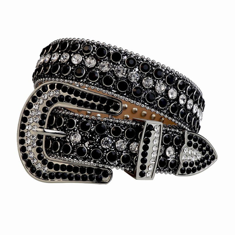 Western Cowboy Mens Rhinestones Alligator Leather Belts All Black w Black n White Stones