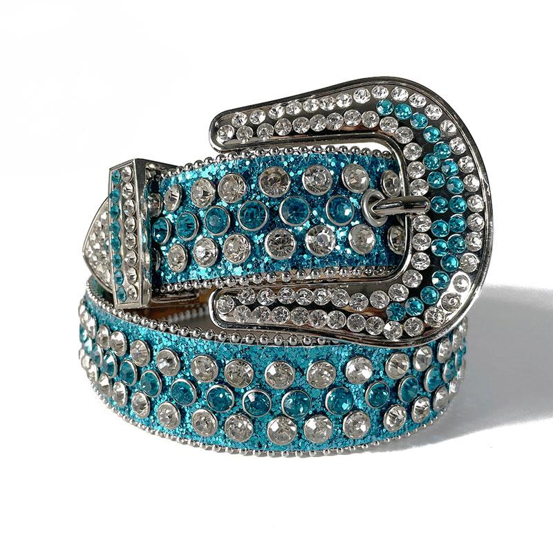 Western Cowboy Mens Rhinestones Alligator Leather Belts Aqua Blue/White Stone