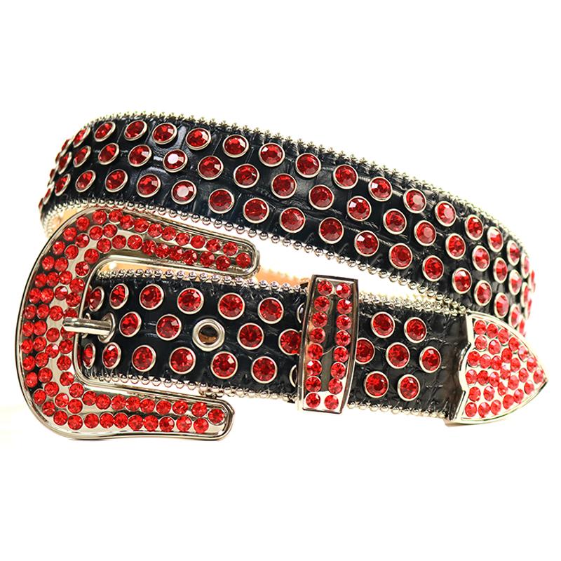 Western Cowboy Mens Rhinestones Alligator Leather Belts Black w All Red Stones