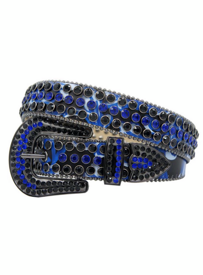 Western Cowboy Mens Rhinestones Alligator Leather Belts Royal Blue n Black Stones