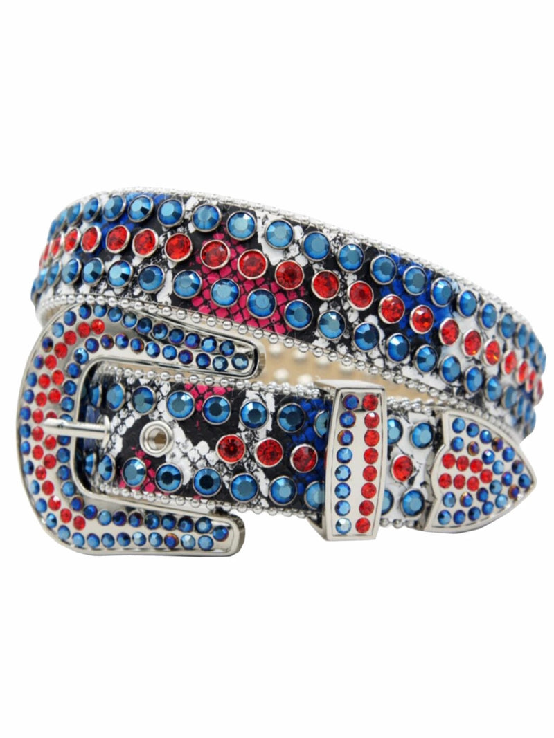 Western Cowboy Mens Rhinestones Alligator Leather Belts Snake Multi w Red/Blue Stones